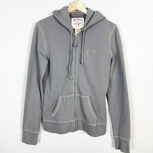 True Religion Unisex Y2K Style Logo Full Zip Hooded Sweater in Grey Large